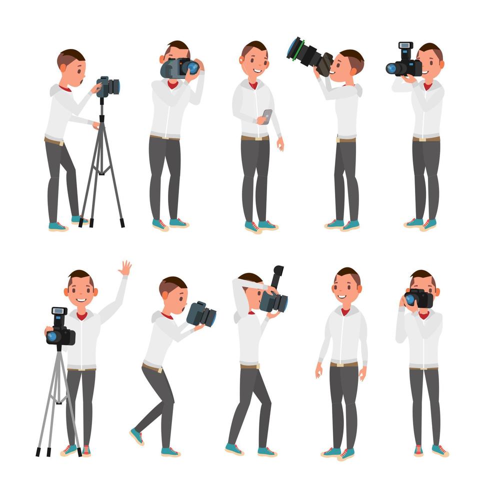 vetor de fotógrafo profissional. macho em poses diferentes. luzes e câmeras. ocupação criativa. profissão. equipamento tripé. ilustração de personagem de desenho animado plana isolada