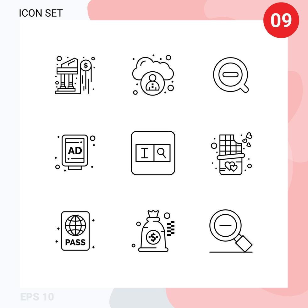 pacote de ícones vetoriais de estoque de 9 sinais e símbolos de linha para pesquisa de mordida de barra de chocolate menos forma de elementos de design de vetores editáveis de outdoor