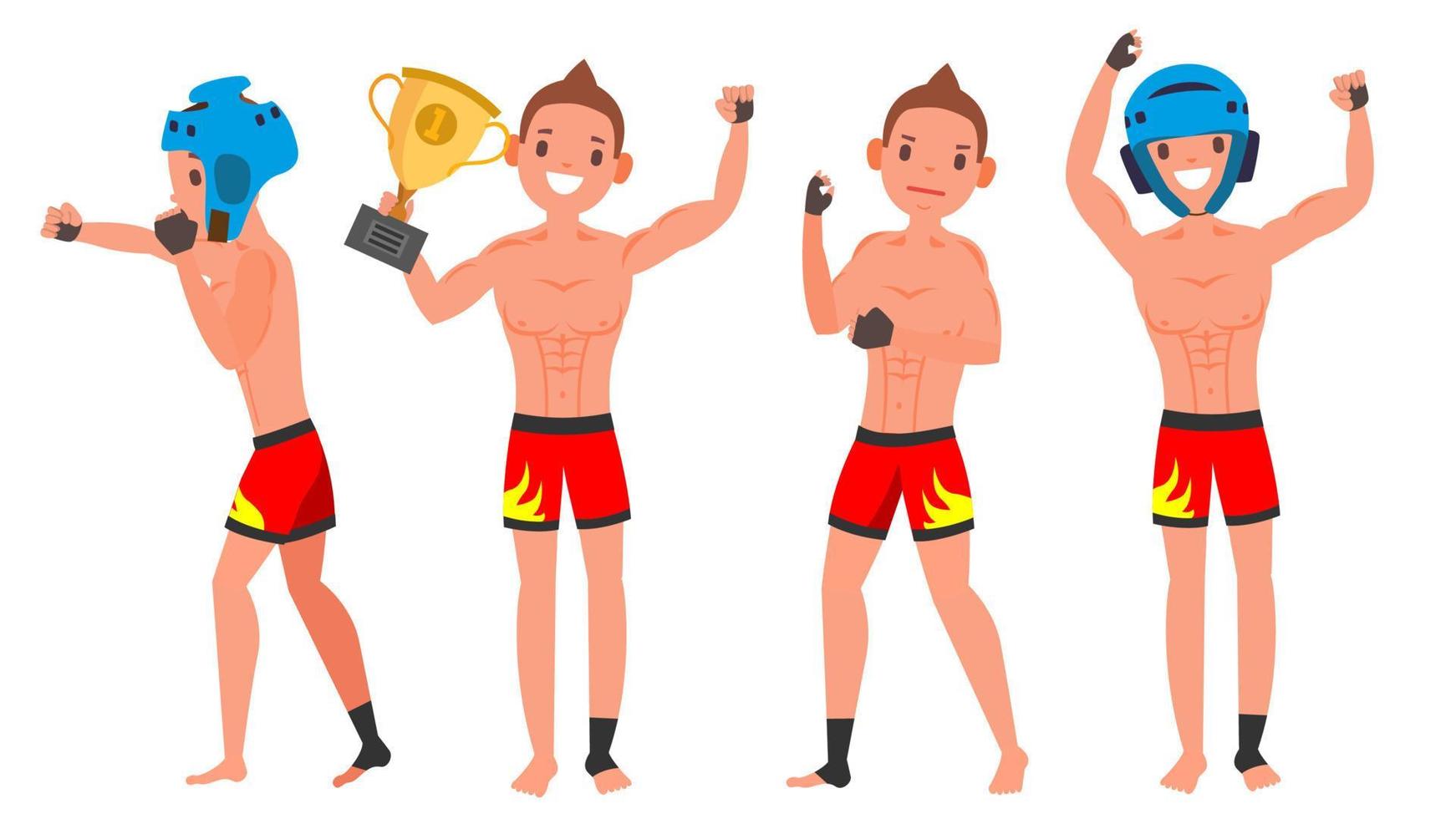 vetor de jogador jovem mma. cara. lutadores lutando. clube de treinamento. conjunto de poses. ilustração de desenho animado de atleta plana