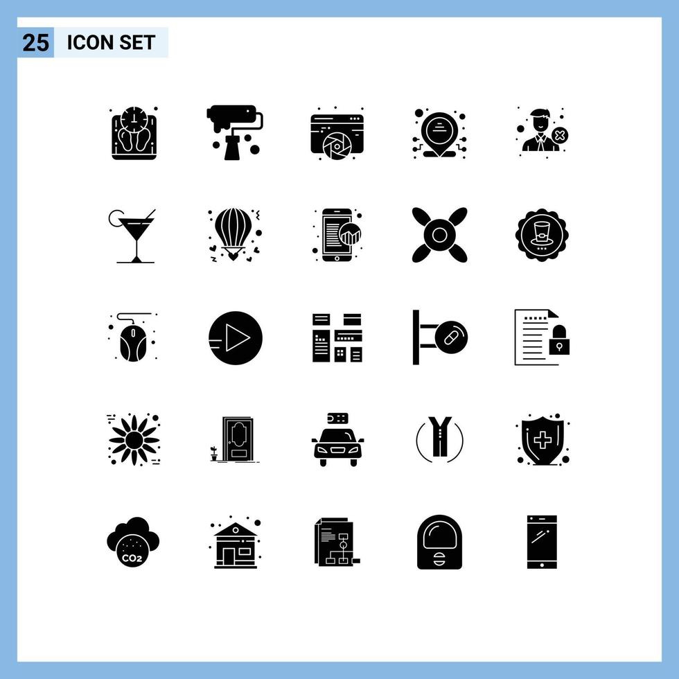 conjunto moderno de 25 glifos e símbolos sólidos, como excluir elementos de design de vetores gráficos editáveis de endereço de design dedicado
