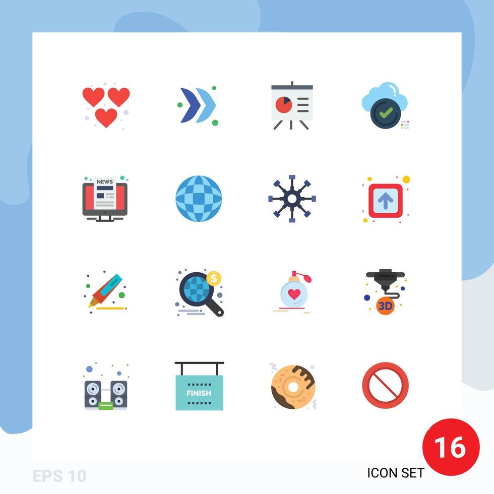 pacote de 16 sinais e símbolos modernos de cores planas para mídia impressa na web, como análise de lista de verificação de monitor, pacote editável de ticks de nuvem de elementos de design de vetores criativos