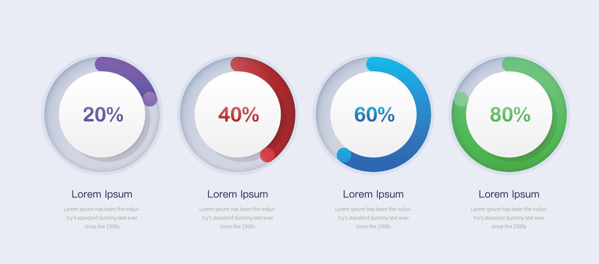 três gráficos de pizza redondos com indicação de porcentagem. modelo de design progress.infographic de conclusão de projetos. vetor