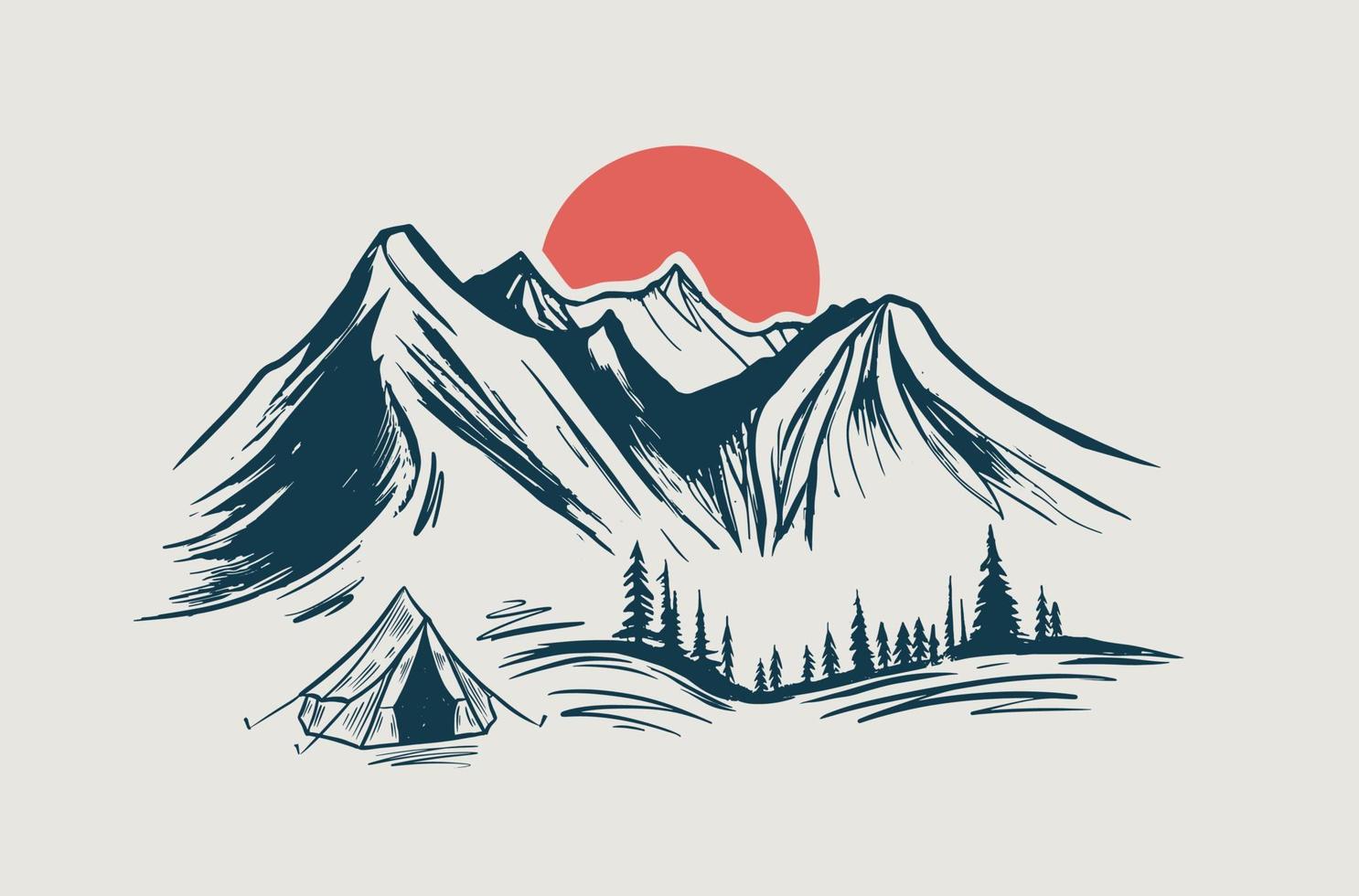 camping, paisagem montanhosa, estilo de desenho, ilustrações vetoriais. vetor