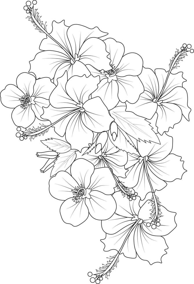 livro de colorir de flor de hibisco desenhado à mão elementos botânicos de primavera buquê de trevo arte de linha de flor rosa página para colorir esboço de vetor artístico, arte de rabisco de simplicidade.