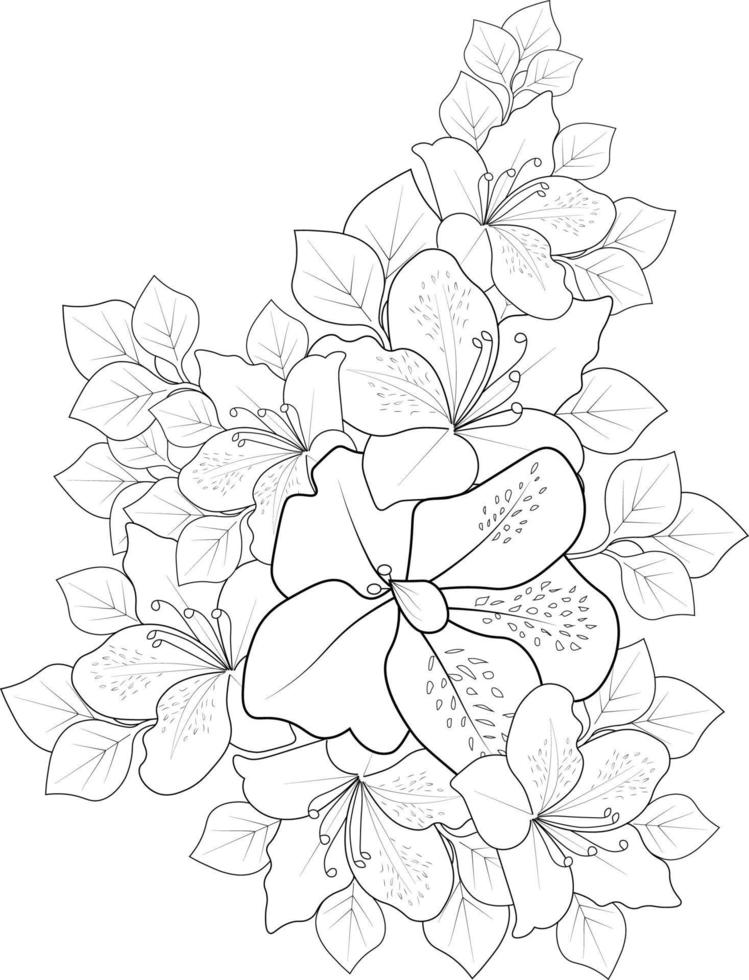 tatuagem de flor de azaleia ilustração de esboço vetorial preto e branco de buquê de ornamento floral de simplicidade, enfeite, elemento de design zentangle da página para colorir de impressão de cartão isolada em branco. vetor