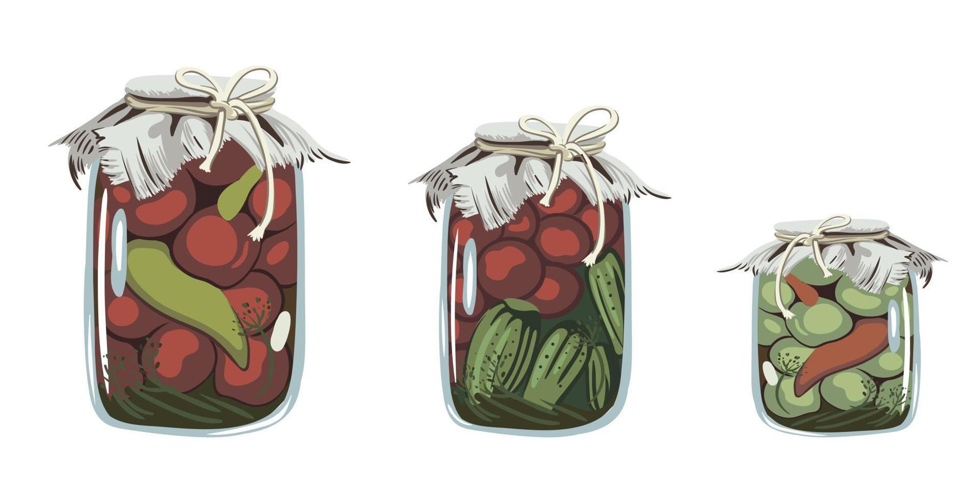 composição com preparativos para o inverno. frascos vintage com legumes enlatados, pepinos, tomates verdes, tomates vermelhos. ilustração vetorial vetor