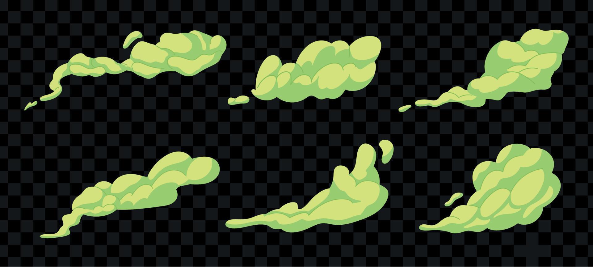 conjunto de amostras de fumaça fedorenta. nuvens tóxicas fedorentas verdes no estilo cartoon. cheiro de mau cheiro. ilustração vetorial isolada vetor
