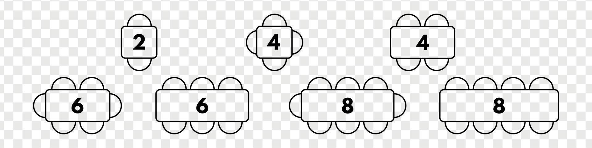 mapas de mesa para a capacidade de assentos do restaurante. diversos tamanhos de cadeiras e mesas para evento ou festa. planta arquitetônica, planta de assentos. ilustração vetorial isolada vetor