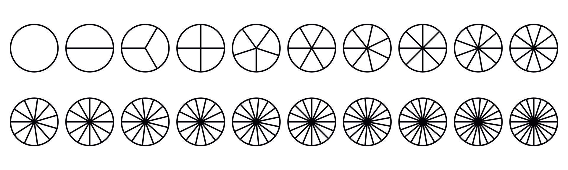 torta de frações dividida para matemática. torta de círculo com pedaços. conjunto de fatias de segmento. geometria simples. ilustração vetorial isolada vetor