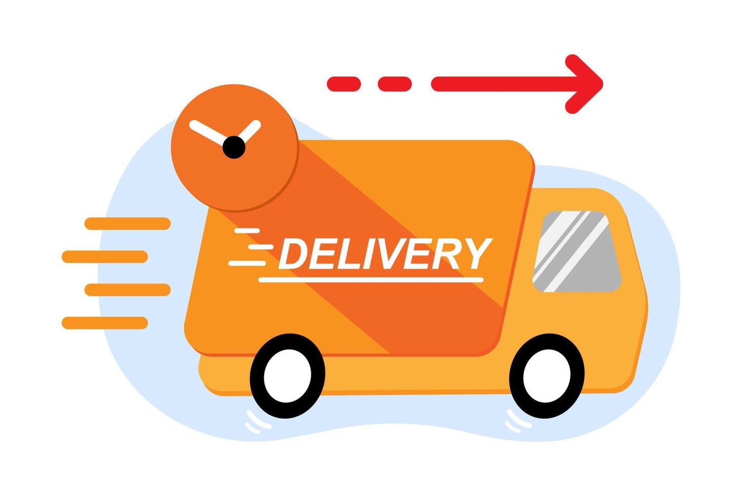 ícone de caminhão de entrega rápida. caminhão com serviço de entrega rápida. caminhão de entrega com ícone de relógio e ícone rápido. ilustração em vetor design plano.