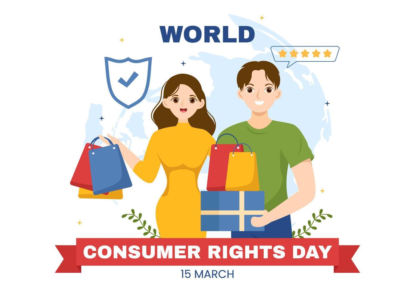 ilustração do dia mundial dos direitos do consumidor com compras, sacolas e necessidades dos consumidores para banner da web ou página de destino em modelos desenhados à mão de desenhos animados planos vetor