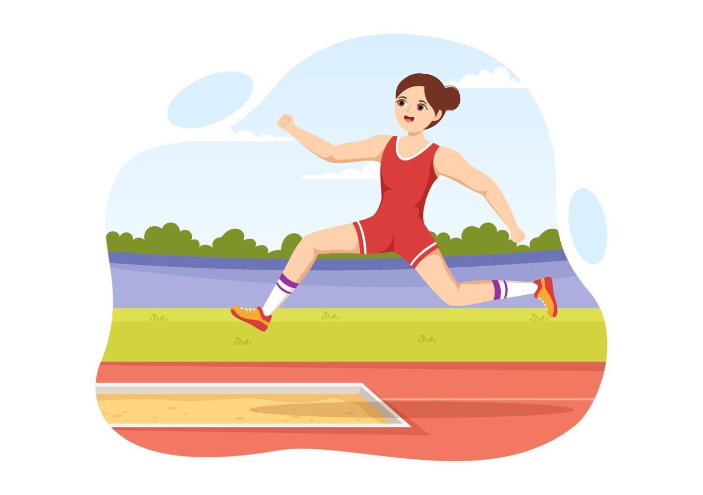 ilustração de salto em comprimento com atleta fazendo saltos na caixa de areia para banner da web ou página inicial em modelos desenhados à mão de desenhos animados planos de campeonato esportivo vetor