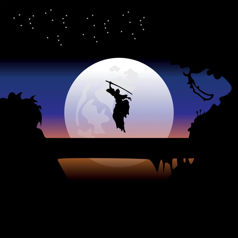 samurai treinando à noite na lua cheia vetor