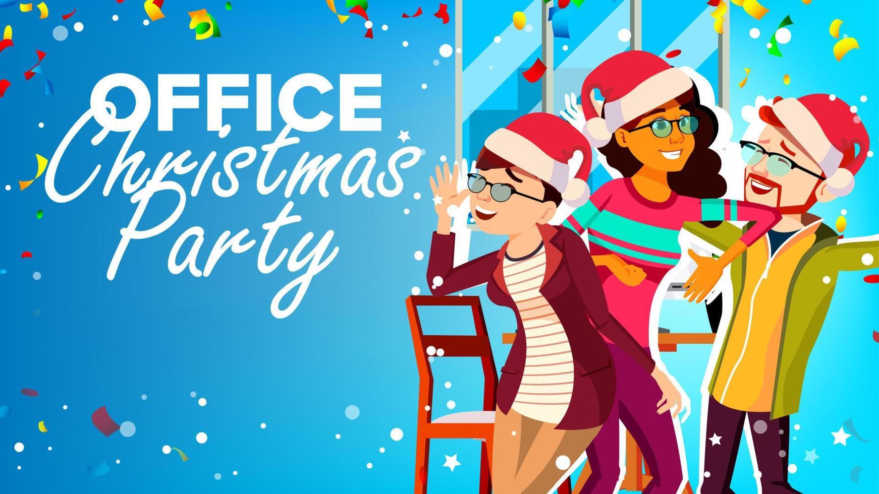 festa de natal em vetor de escritório. chapéus de ano novo. se divertindo. pessoas de negócios felizes. ilustração de desenho animado