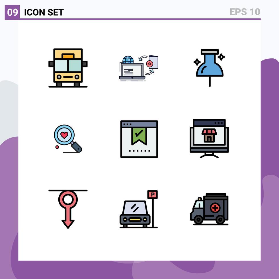 pacote de interface do usuário de 9 cores planas básicas de linha preenchida de boa localização de favoritos casamento amor elementos de design de vetores editáveis