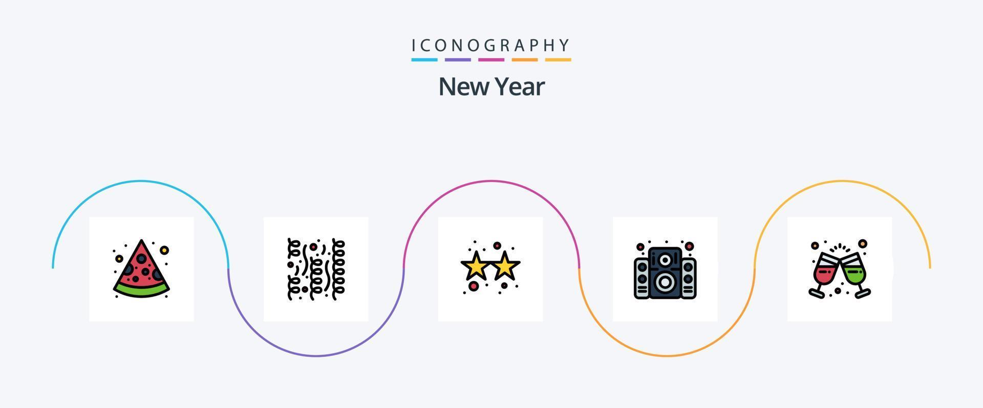 linha de ano novo cheia de pacote de ícones plana 5 incluindo bebida. vinho. fogo de artifício. Festa. som vetor