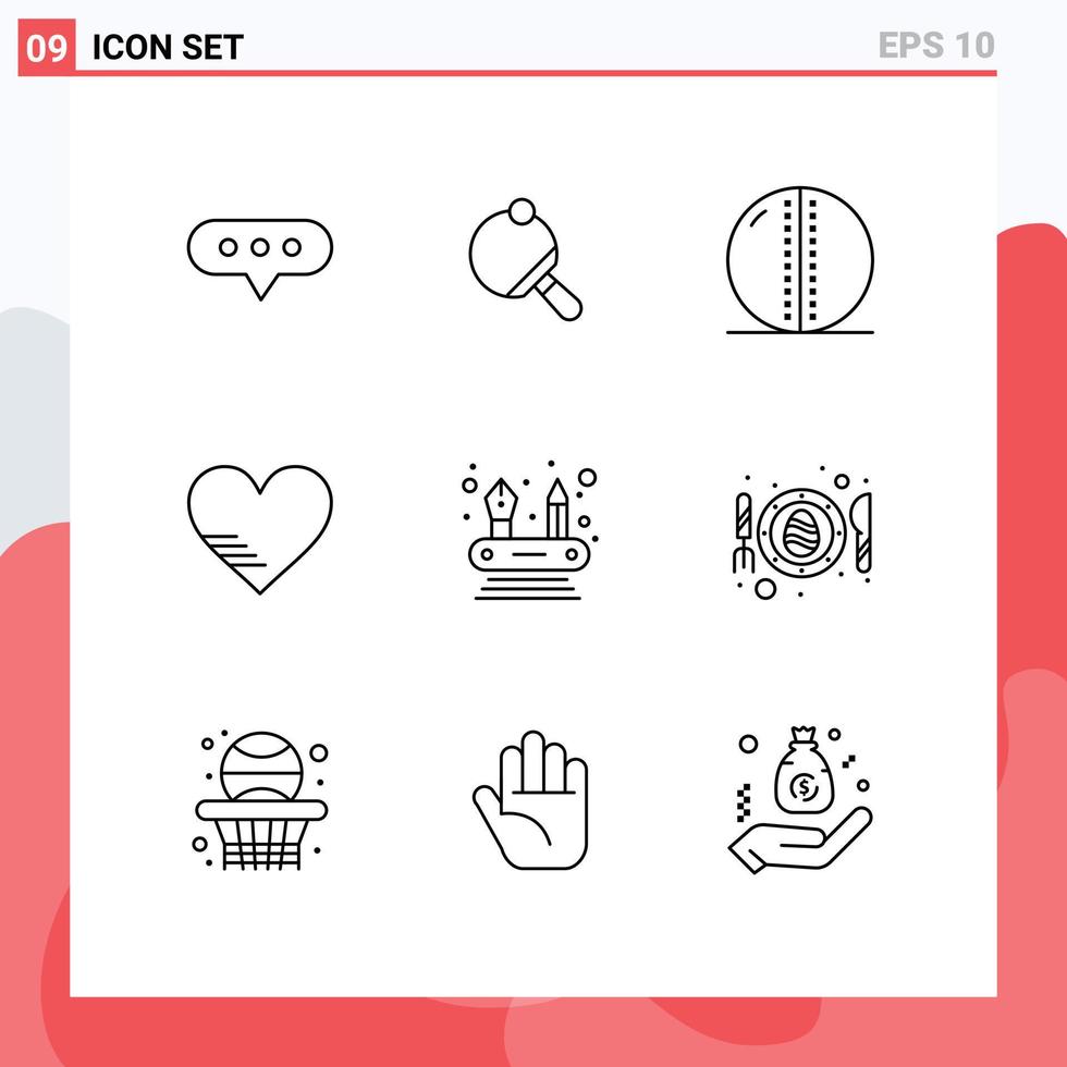 conjunto de 9 sinais de símbolos de ícones de interface do usuário modernos para competências bola dura favorita como elementos de design de vetores editáveis de coração