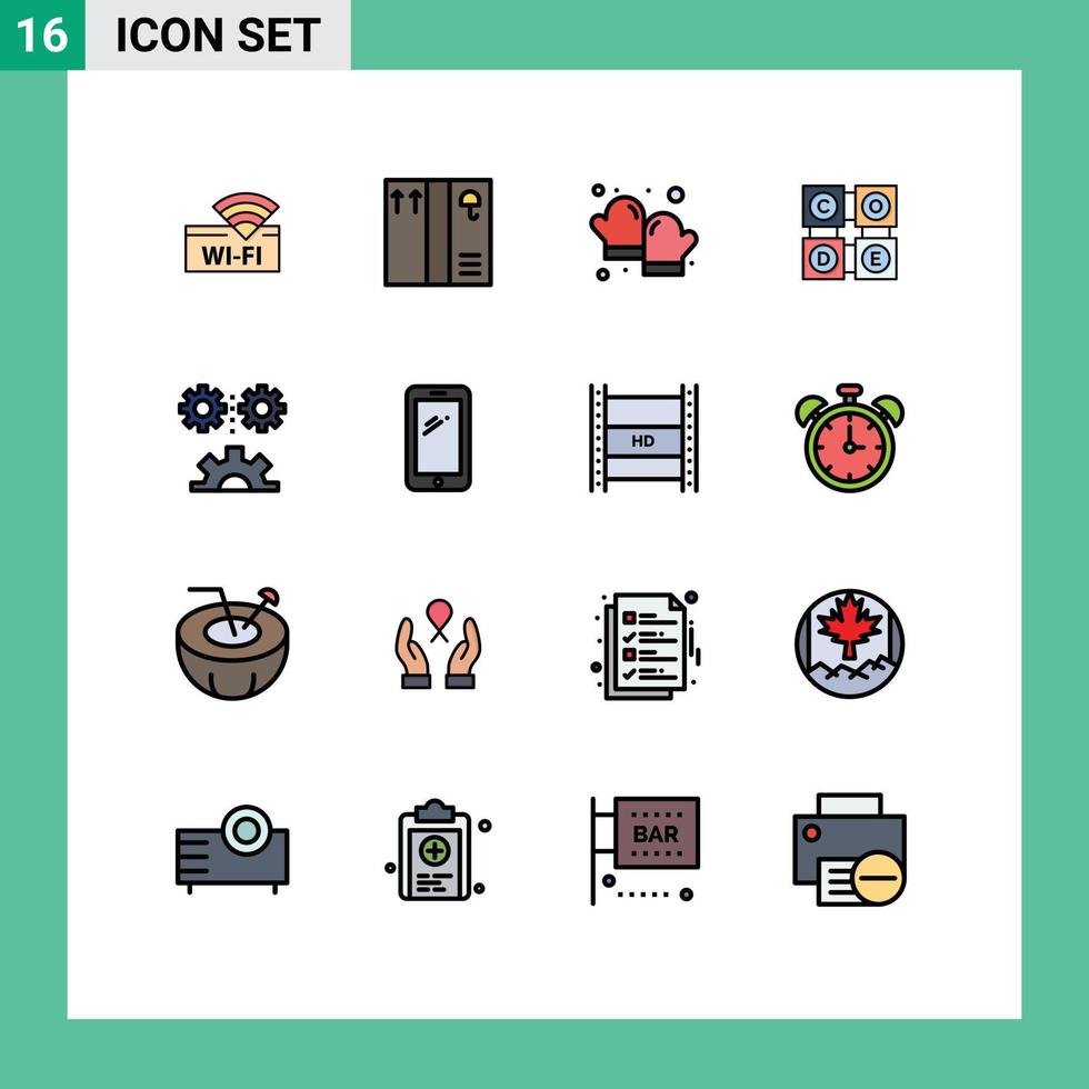 conjunto de 16 símbolos de símbolos de ícones de interface do usuário modernos para mecanização, engenharia, culinária, código de ciência aplicada, aprendizado de elementos de design de vetores criativos editáveis