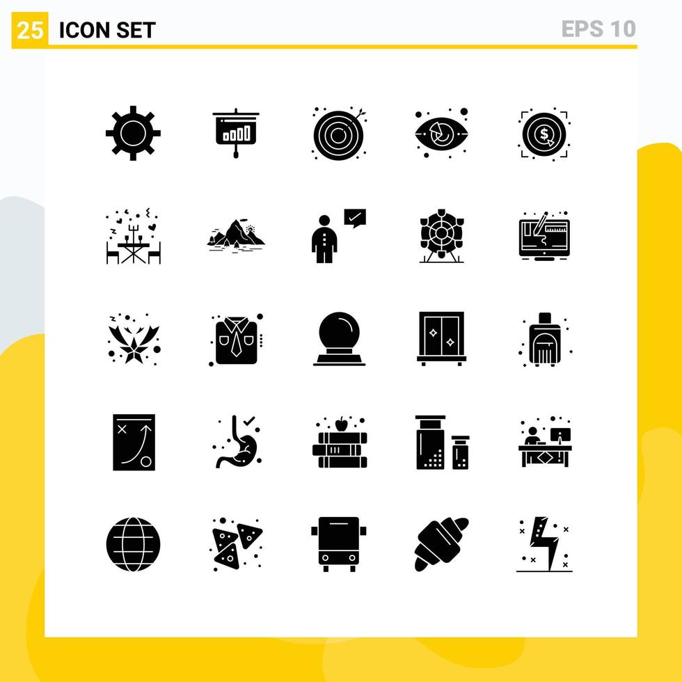 conjunto de glifos sólidos de interface móvel de 25 pictogramas de gráfico de gráfico de olho de relógio de mercado alvo elementos de design de vetores editáveis