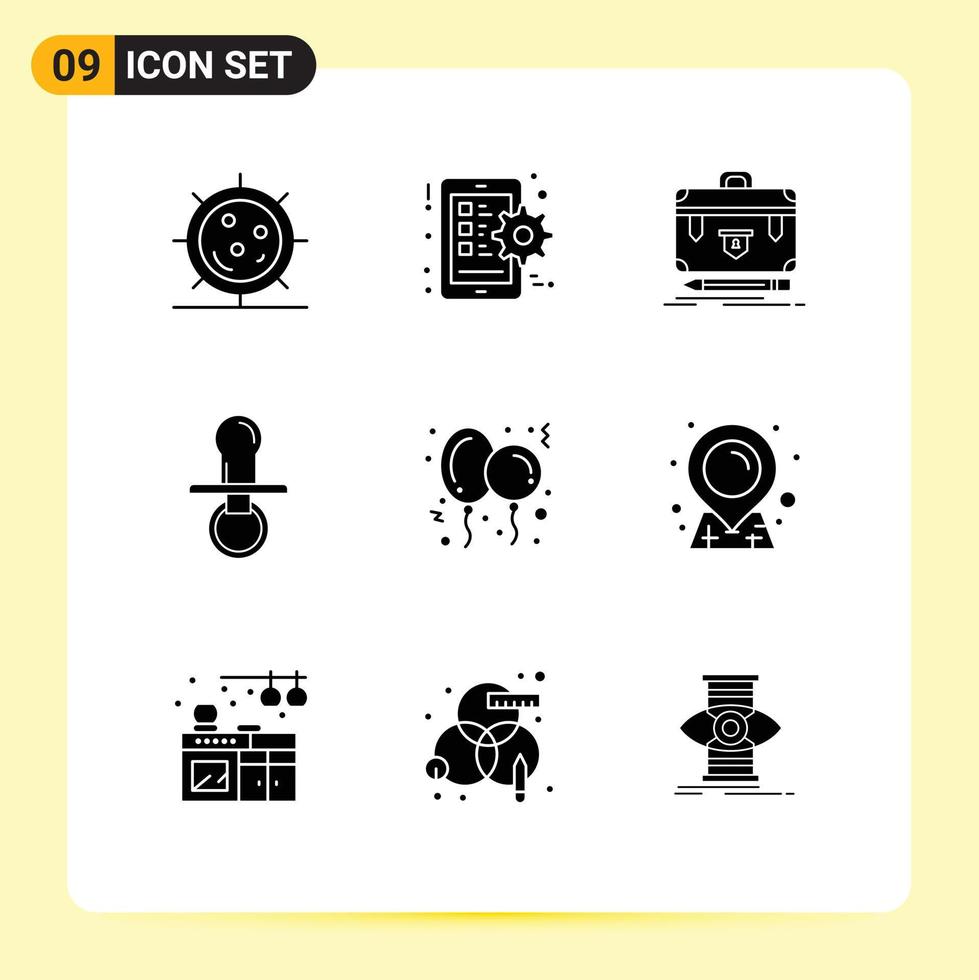 9 interface do usuário pacote de glifos sólidos de sinais e símbolos modernos de chupeta, bebê, smartphone, gerenciamento de mamilos, elementos de design de vetores editáveis