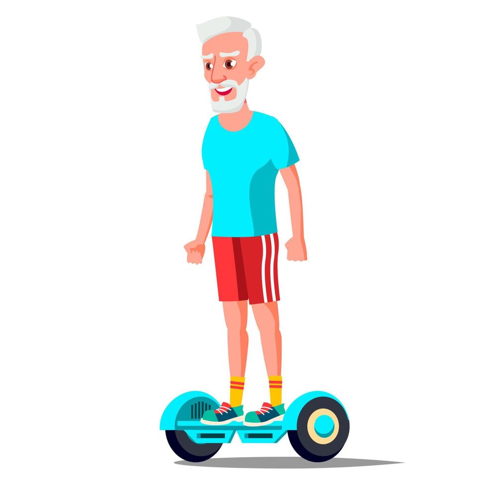 velho no vetor de hoverboard. andando na scooter giroscópio. atividade ao ar livre. scooter elétrico de autoequilíbrio de duas rodas. ilustração isolada