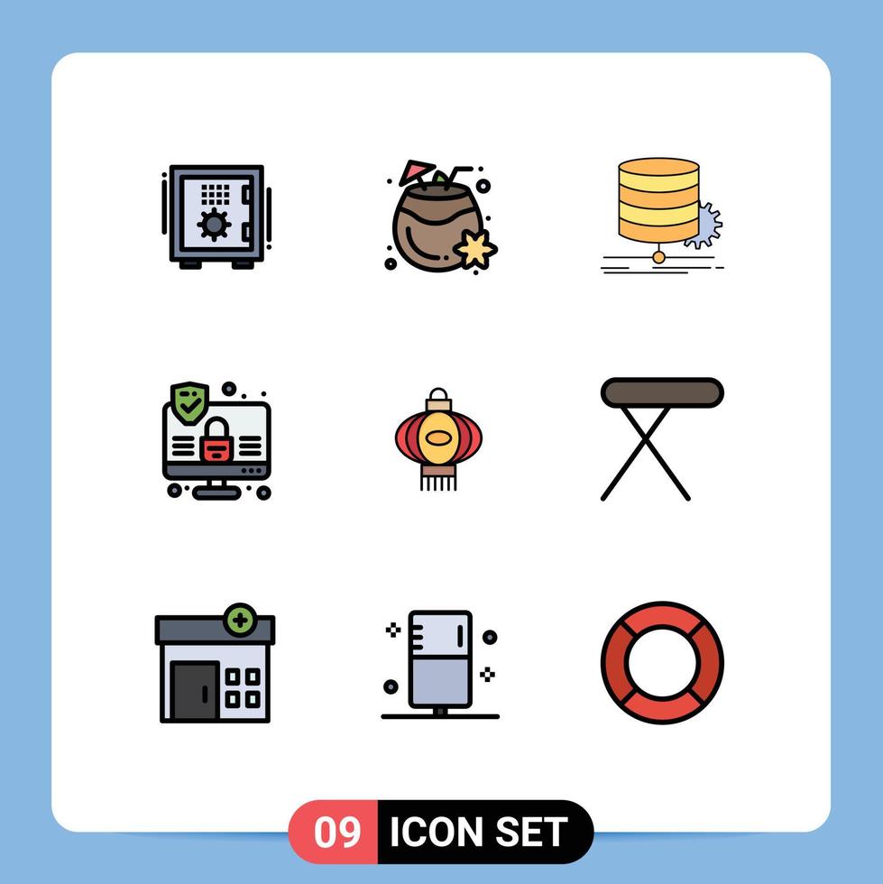 conjunto de pictogramas de 9 cores planas de linha preenchida simples de diagrama de computador de verão de lanterna elementos de design de vetores editáveis