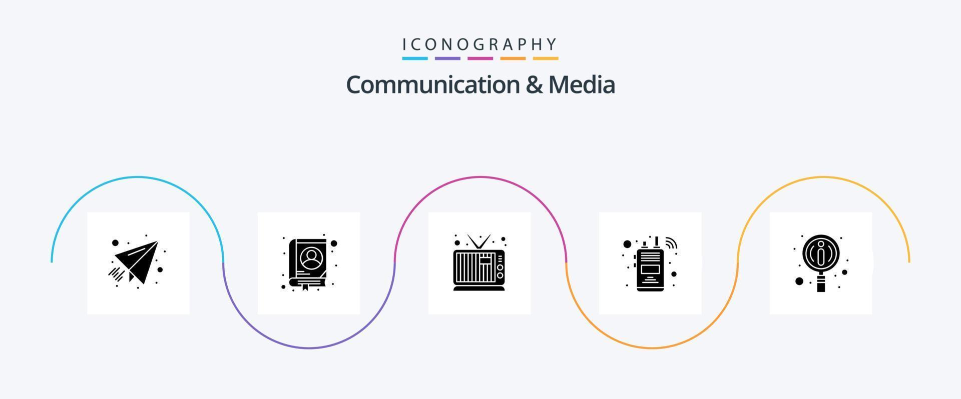 pacote de ícones de comunicação e mídia glyph 5, incluindo . manuais. televisão. em formação. rádio vetor