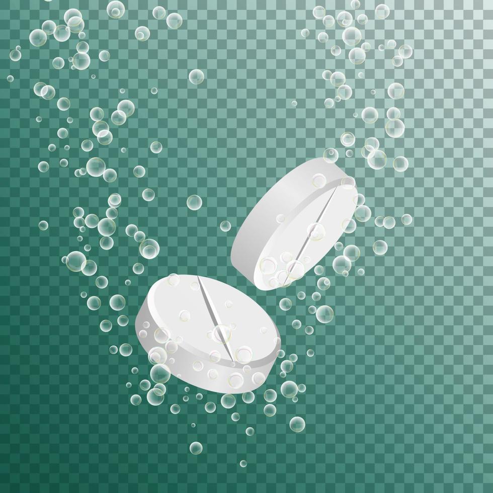droga solúvel isolada em fundo transparente. ilustração vetorial. vitamina em água efervescente. bolhas 3d realistas vetor