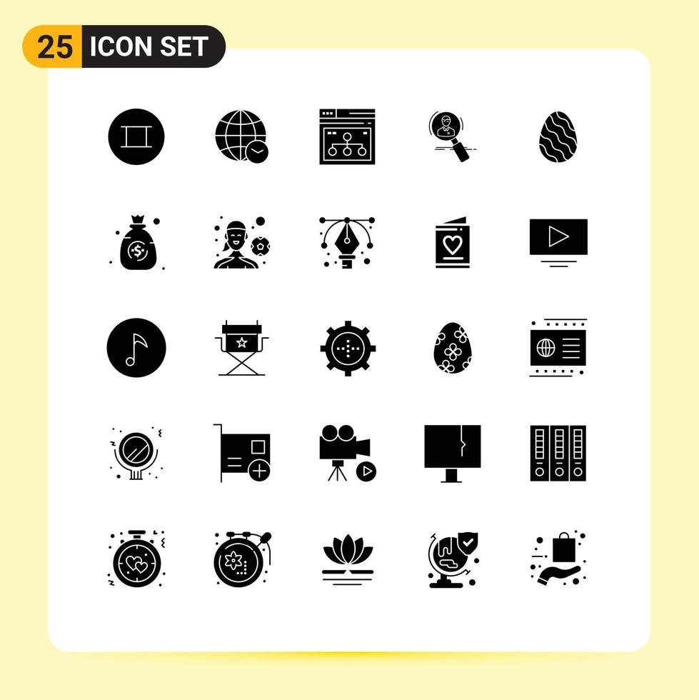pacote de interface do usuário com 25 glifos sólidos básicos de recursos, página de busca, pesquisa de hora, elementos de design de vetores editáveis