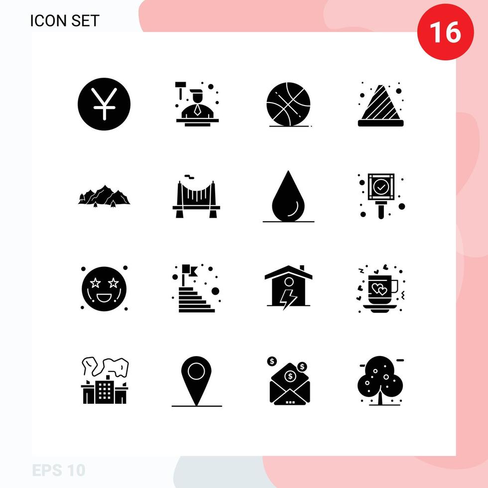 conjunto de pictogramas de 16 glifos sólidos simples de elementos de design de vetores editáveis de cone de tráfego de bola de montanha de colina