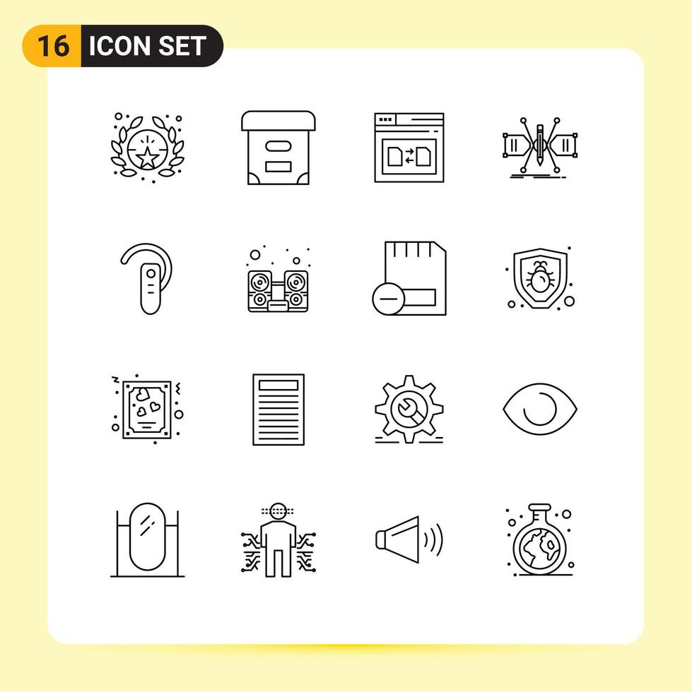 conjunto de 16 sinais de símbolos de ícones de interface do usuário modernos para esboço de web de estrutura de bluetooth construindo elementos de design de vetores editáveis