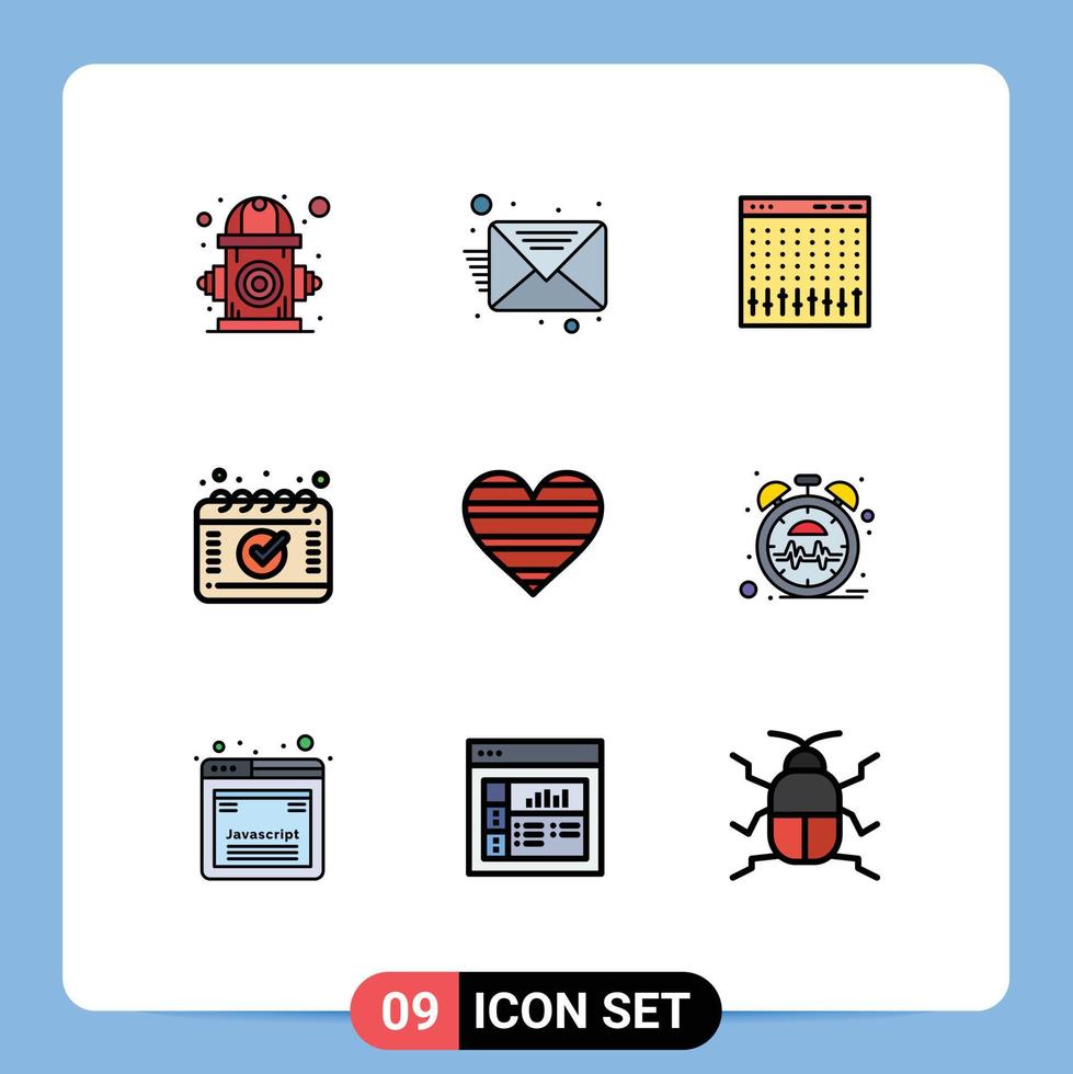 conjunto de pictogramas de 9 cores planas de linha preenchida simples de elementos de design de vetores editáveis do misturador de calendário do console de cronograma de amor