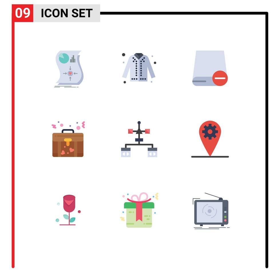 pacote de 9 sinais e símbolos modernos de cores planas para mídia impressa na web, como bolsa de amor, unidade de hardware de compras, elementos de design vetorial editáveis vetor