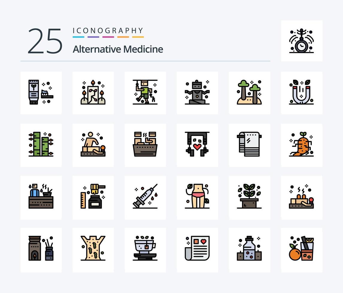 pacote de ícones cheios de 25 linhas de medicina alternativa, incluindo fungos. ioga. acidente. Esportes. exercício vetor