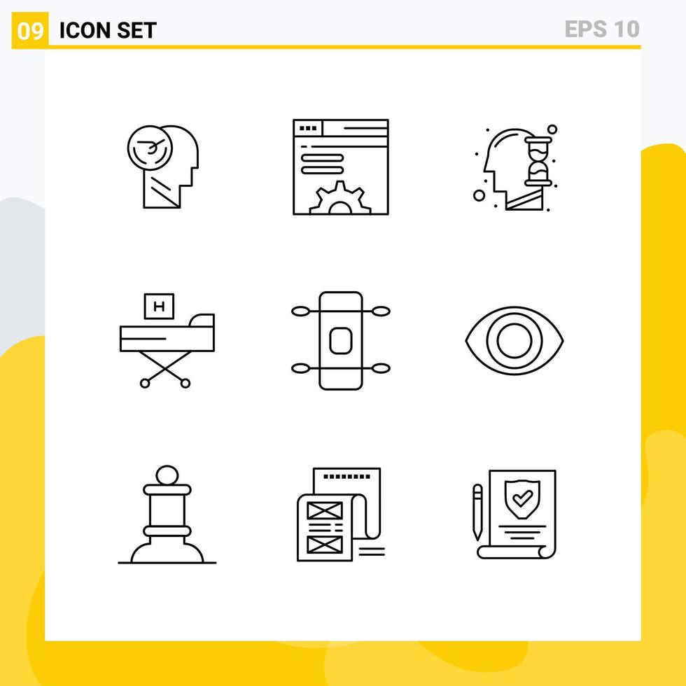 conjunto moderno de pictograma de 9 contornos de elementos de design de vetor editável de saúde fitness web browser doença ampulheta