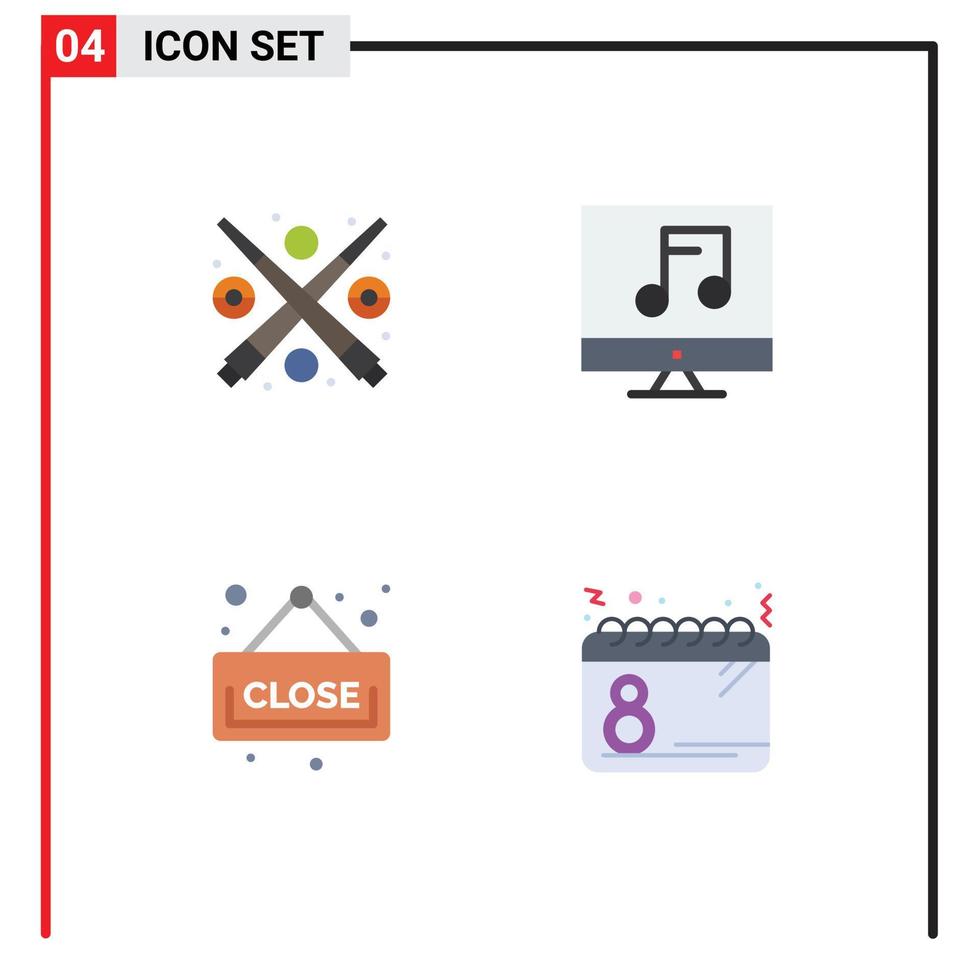 conjunto moderno de 4 ícones e símbolos planos, como elementos de design de vetores editáveis de calendário multimídia de reprodução de tabuleiro de bilhar