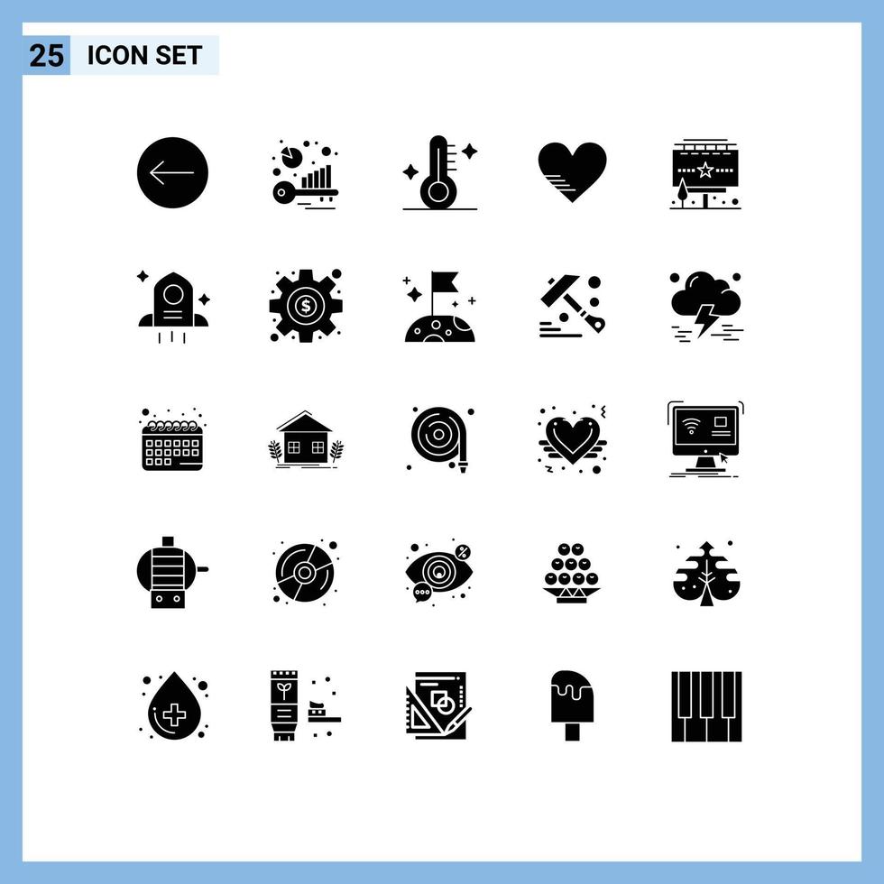 grupo de 25 glifos sólidos modernos definidos para anúncios publicitários temperatura favorita amor elementos de design vetorial editável vetor