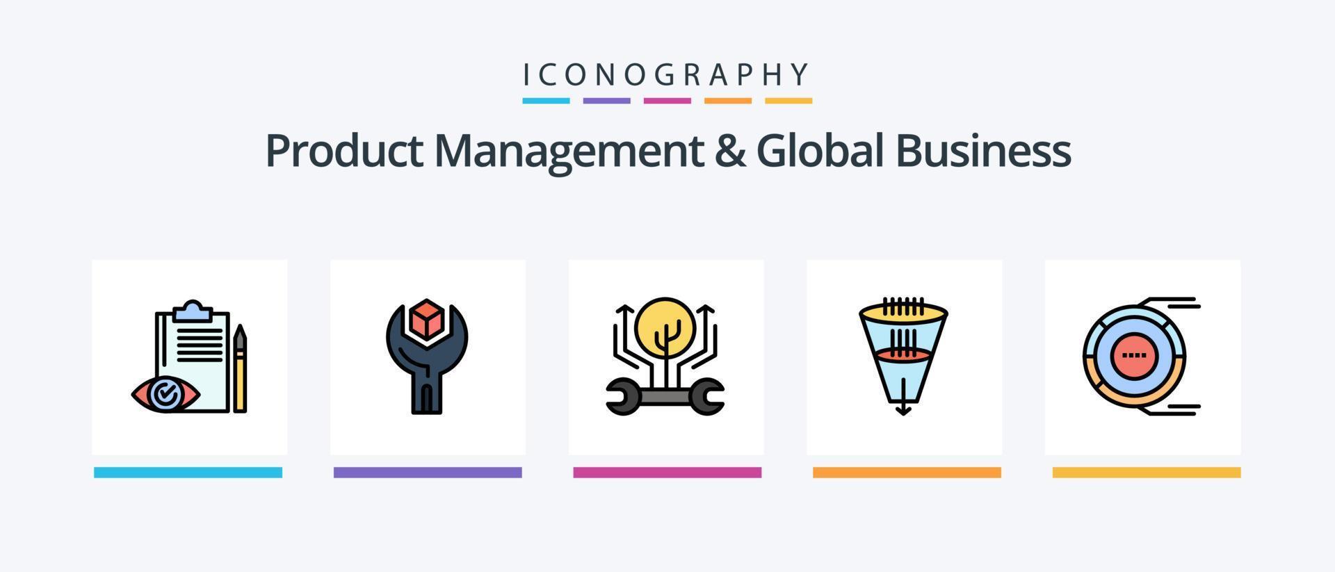 gerenciamento de produtos e linha de negócios global preencheu o pacote de 5 ícones, incluindo escolha. candidato. filtragem. Produção. gestão. design de ícones criativos vetor