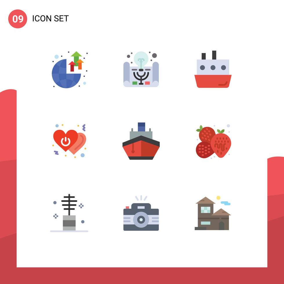 Pacote de cores planas de 9 interfaces de usuário de sinais e símbolos modernos de desligamento de elementos de design de vetores editáveis de transporte de amor de barco