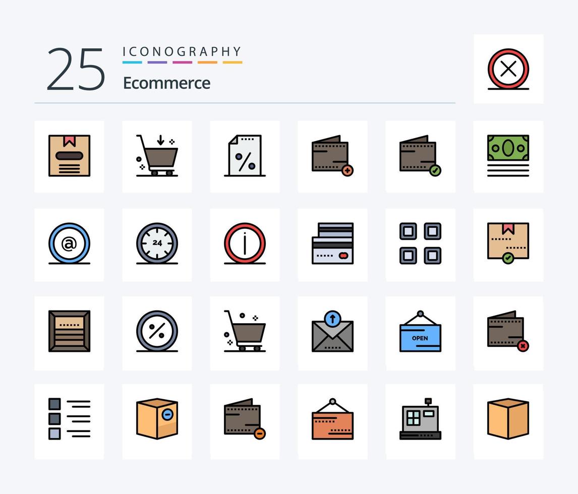 Pacote de ícones preenchidos com 25 linhas de comércio eletrônico, incluindo dinheiro. carteira. documento. e. adicionar vetor