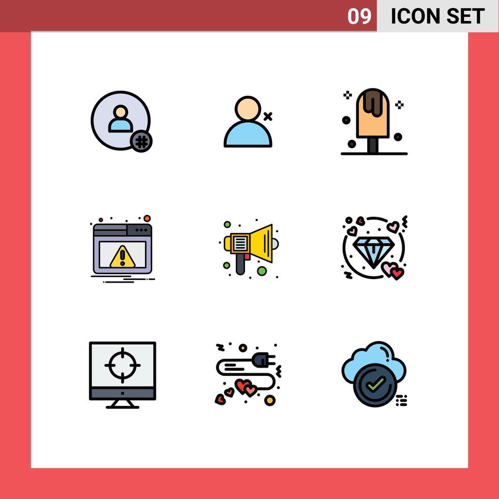 grupo de 9 sinais e símbolos de cores planas de linha preenchida para notificação de áudio alerta frio doce elementos de design de vetores editáveis