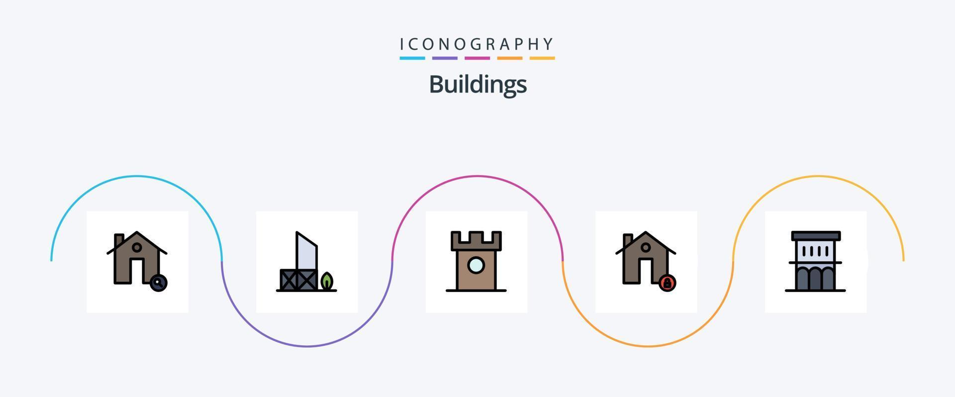 linha de edifícios cheia de pacote de ícones de 5 planos, incluindo casa. edifícios. resgatar. histórico. sobremesa vetor