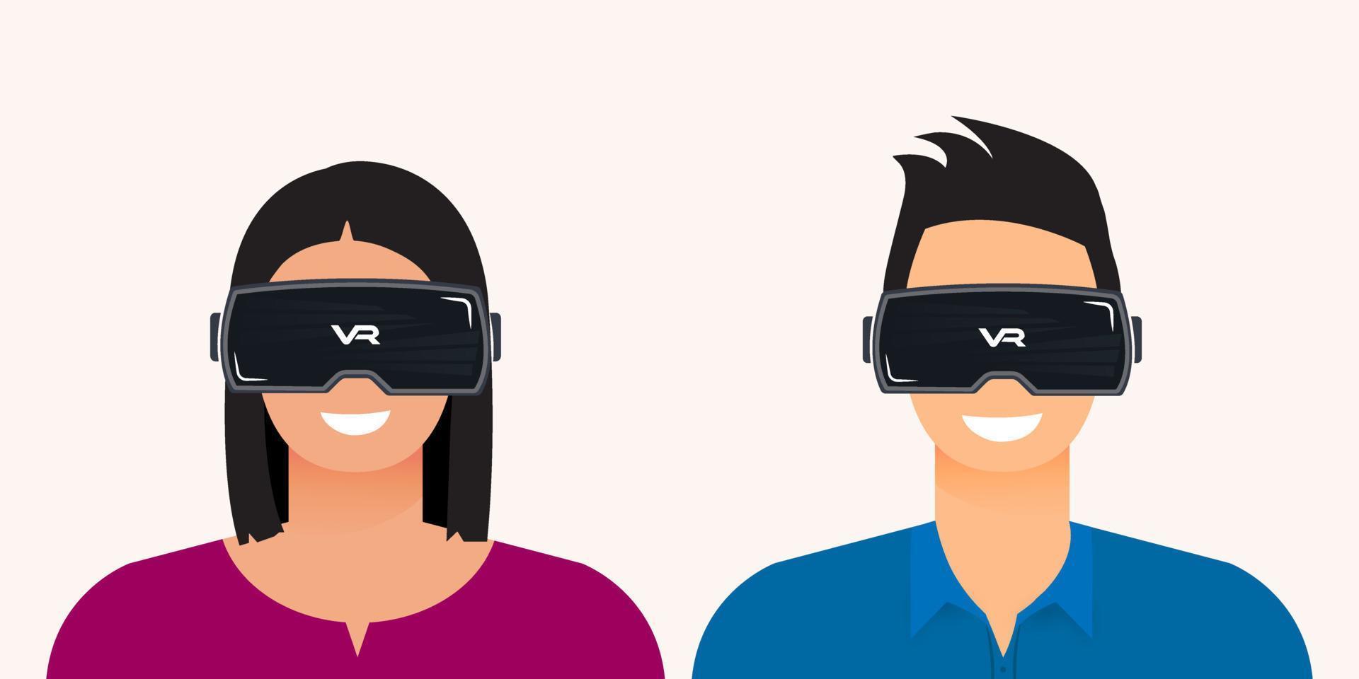 alegre mulher feliz e homem com óculos vr. tecnologia do mundo cibernético futurista do metaverso. ilustração vetorial isolada vetor