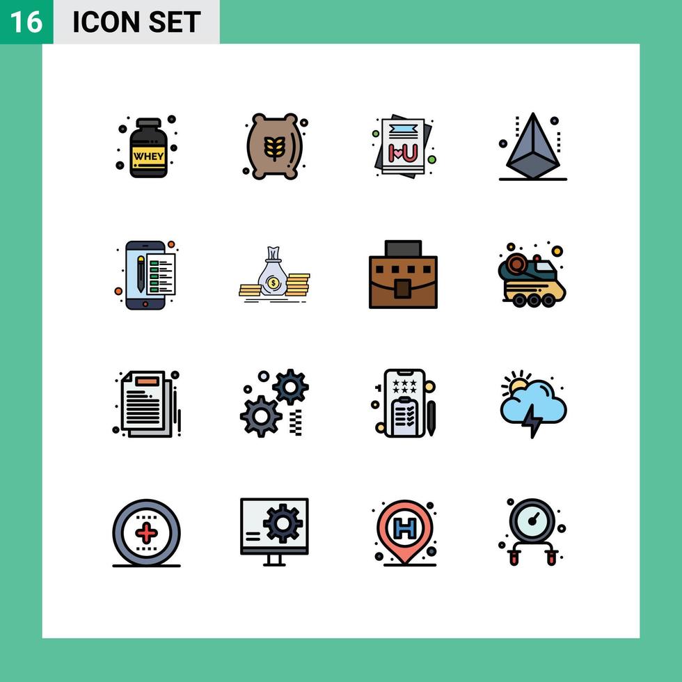 pacote de 16 sinais e símbolos modernos de linhas cheias de cores planas para mídia impressa na web, como desenvolvimento de modelagem de cartão de forma de arquivo, elementos de design de vetores criativos editáveis
