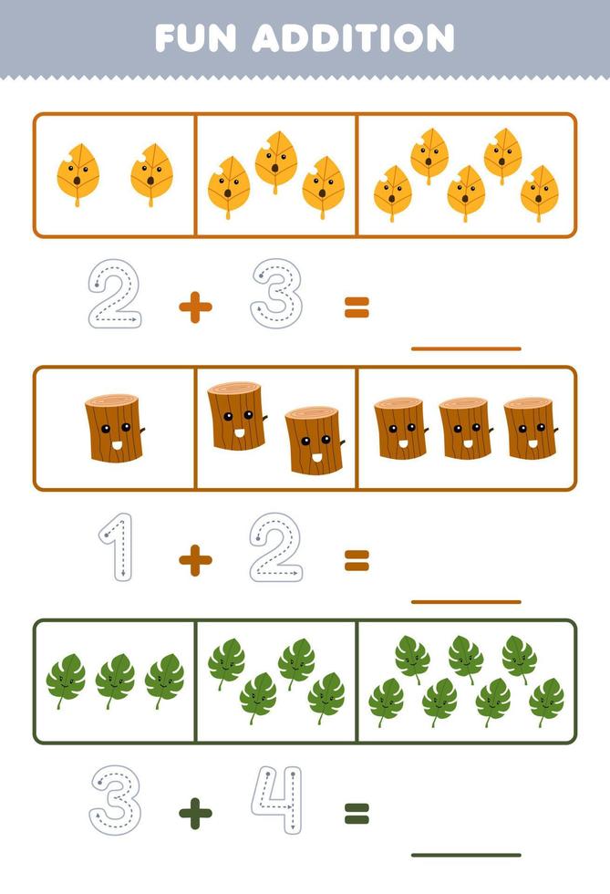 jogo educacional para adição divertida de crianças, contando e rastreando o número de folha de desenho animado bonito e planilha de natureza imprimível de madeira vetor