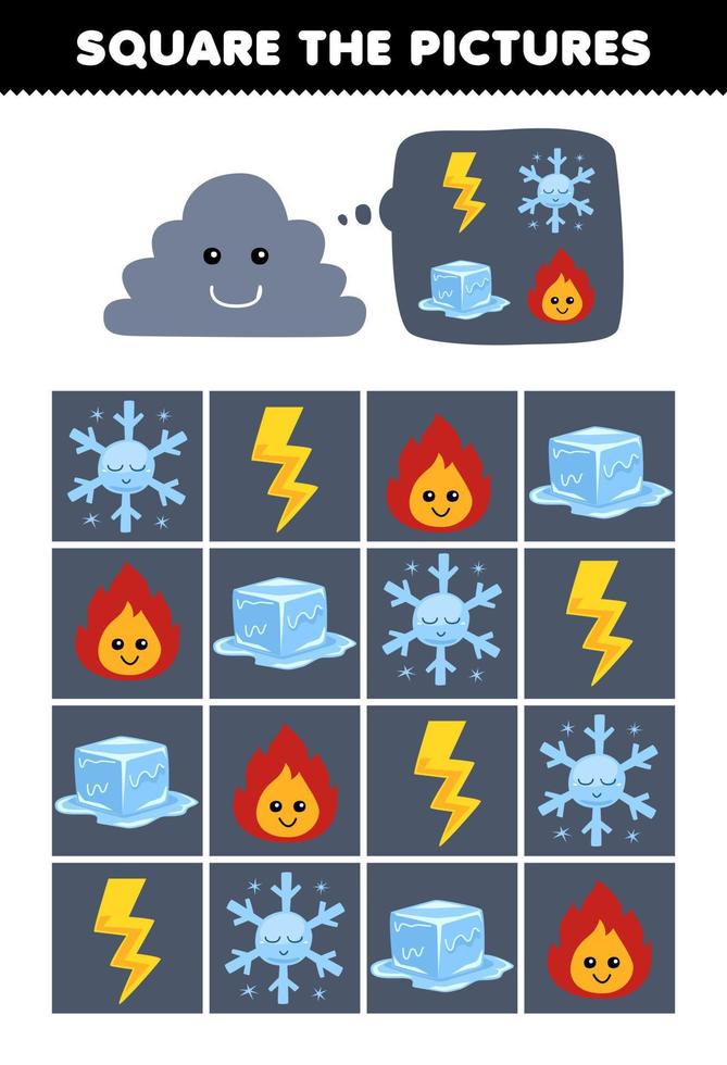 jogo de educação para crianças ajuda bonito desenho animado nuvem quadrado o trovão correto floco de neve gelo fogo conjunto de imagens para impressão planilha da natureza vetor