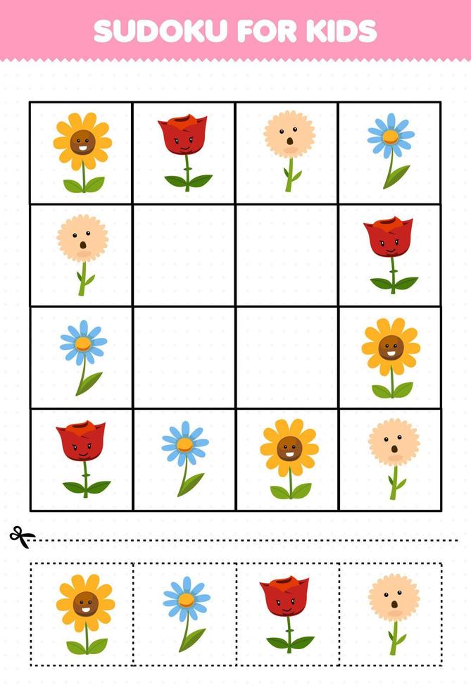 jogo de educação para crianças sudoku para crianças com folha de trabalho de natureza imprimível de flor de desenho animado bonito vetor