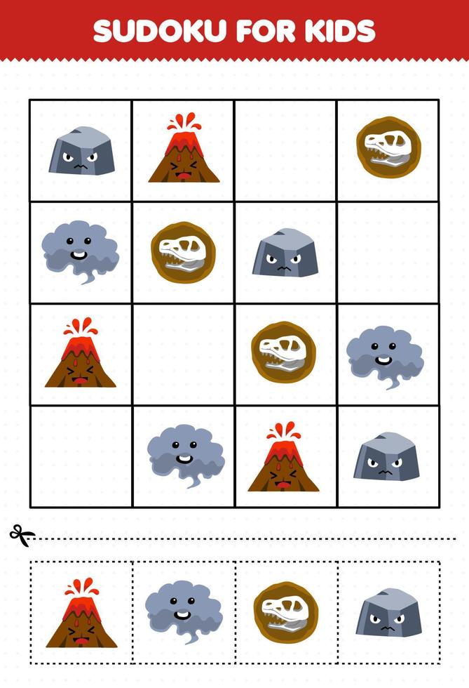 jogo de educação para crianças sudoku para crianças com desenho bonito vulcão fumaça fóssil pedra folha de trabalho de natureza imprimível vetor