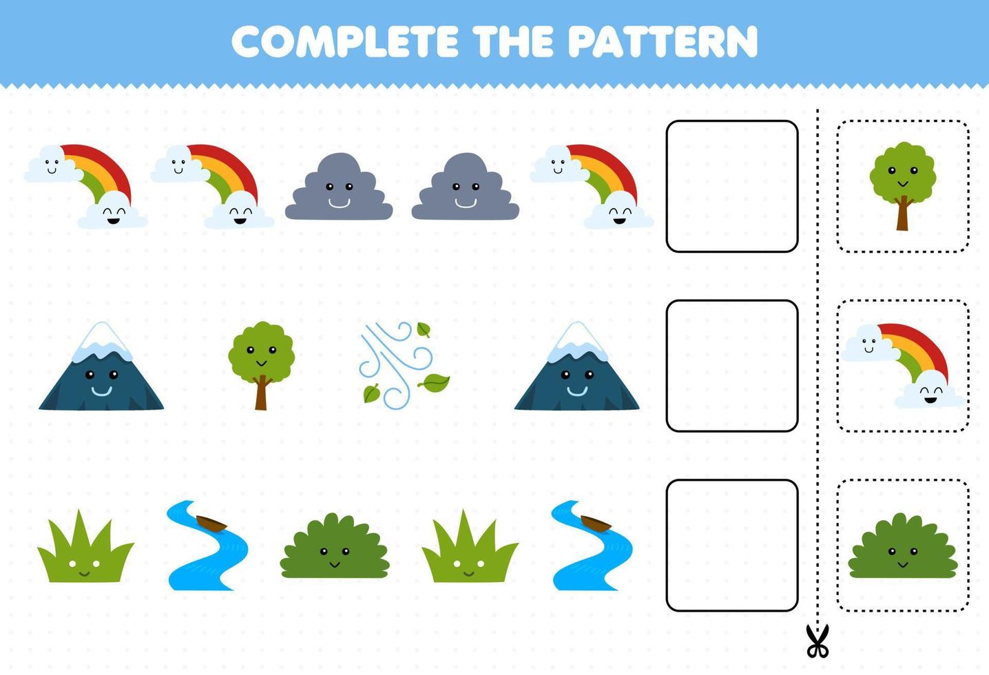 jogo de educação para crianças cortar e completar o padrão de cada linha de um lindo desenho animado arco-íris nuvem montanha árvore grama rio arbusto folha de trabalho vetor