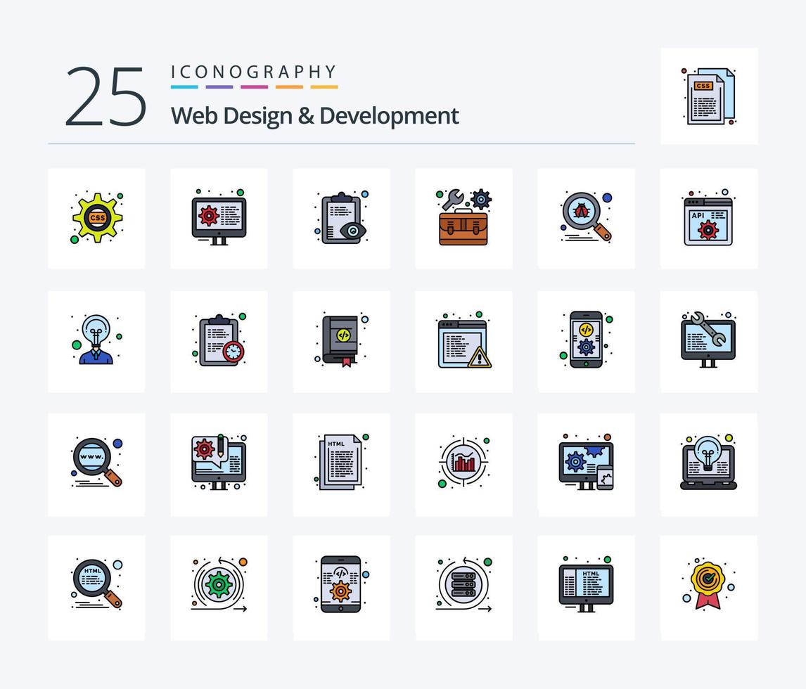 web design e desenvolvimento pacote de ícones preenchidos com 25 linhas, incluindo digitalização. definições. olho. Caixa de ferramentas. kit vetor